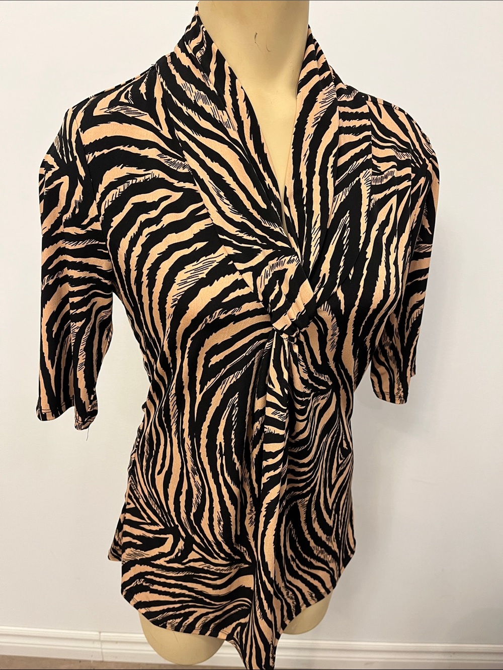 Womens Black and Tan Zebra Print Knot Front Top